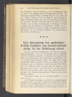 Eine Behauptung des apostolischen Präfekt Nachtwey von Deutsch-Sudwest-afrika, die der Aufklärung bedarf