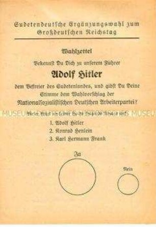 Wahlschein der "Sudetendeutschen Ergänzungswahl zum Großdeutschen Reichstag" (blanko)
