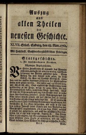 XLVII. Stück. Coburg, den 18. Nov. 1761.
