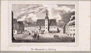Der Obermarkt in Freiberg (1210-1217 angelegt), Blick nach Nordosten auf das Rathaus (1410 gebaut), Blatt aus Sachsens Kirchen-Galerie von Hermann Schmidt, 1838, Bd. 2
