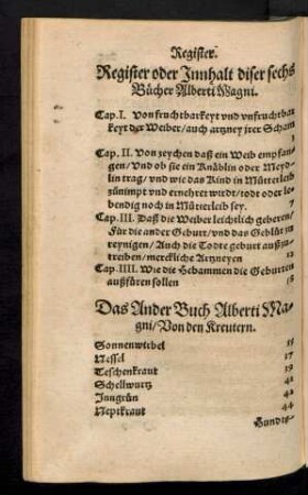 Register oder Innhalt diser sechs Bücher Alberti Magni.