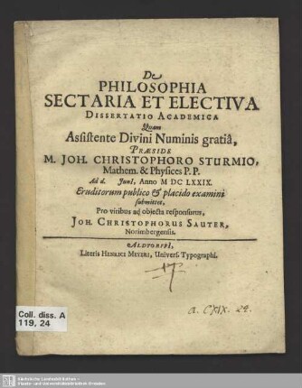 De Philosophia Sectaria Et Electiva Dissertatio Academica