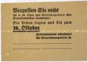 Aufruf zur Teilnahme am Volksbegehren gegen den Panzerkreuzerbau