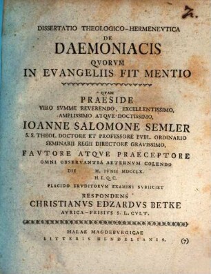 Diss. theol. herm. de daemoniacis, quorum in evangeliis fit mentio