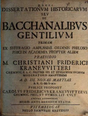 Dissertationum historicarum seu de Bacchanalibus gentilium I. et II.