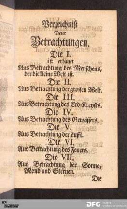 Verzeichniß Derer Betrachtungen.