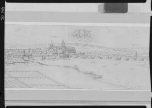 Neudresden und Altendresden von Osten gesehen : Gabriel de Thola (1523-um1583). Neu- und Altendresden von Osten. Feder, Sepia; 23,0 x 19,2 cm. Ausschnitt: Schloss und Elbbrücke. Stadtmuseum