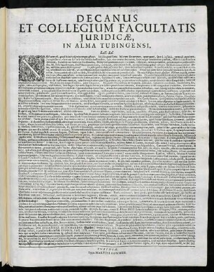 Decanus Et Collegium Facultatis Juridicae, In Alma Tubingensi, Lect. Sal.