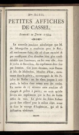 No XCIII (Samedi 19 Juin 1784)