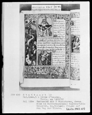 Lateinisches Stundenbuch (Livre d'heures) — Textseite mit drei Miniaturen, Folio 105verso