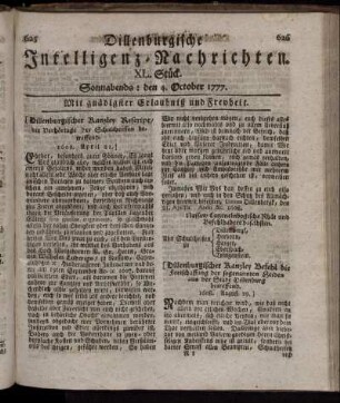 XL. Stück. Sonnabends: den 4. October 1777.