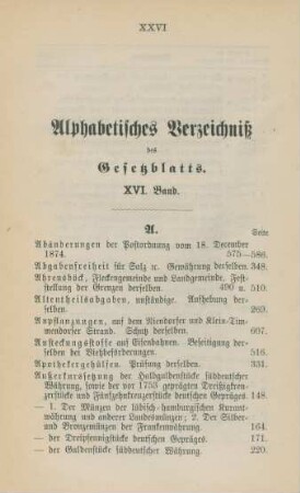 Alphabetisches Verzeichniß des Gesetzblatts. XVI. Band