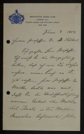 Nr. 3 Brief von Emanuel Lasker an David Hilbert. New York, 8.6.1904
