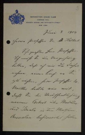 Nr. 3 Brief von Emanuel Lasker an David Hilbert. New York, 8.6.1904