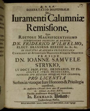 Dissertatio Inauguralis De Iuramenti Calumniae Remissione