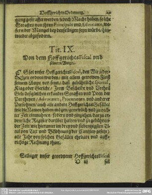 Tit. IX. Von dem HoffgerichtsFiscal und seinem Ampt