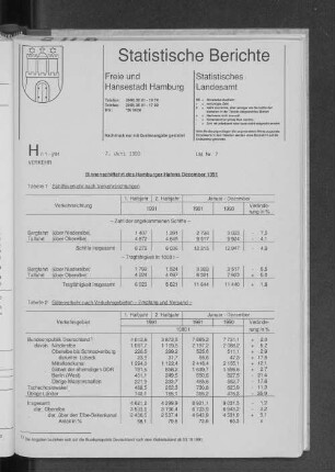 Binnenschiffahrt des Hamburger Hafens Dezember 1991 : Lfd. Nr. 7