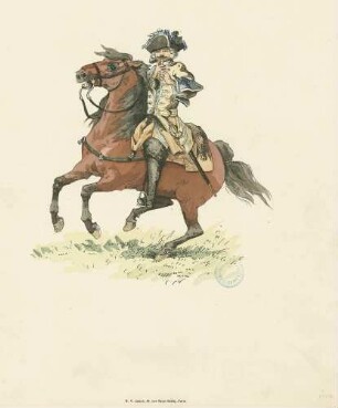 Reiter (Spielmann?) mit beige-blauem Waffenrock, Mütze, schwarzen Stulpenstiefeln und Horn zu Pferd, Jahr 1700, Vorderansicht