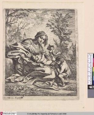 [Die hl. Jungfrau mit dem Kind und dem kleinen Johannes; Virgin and Child, sitting turned right, in a landscape]