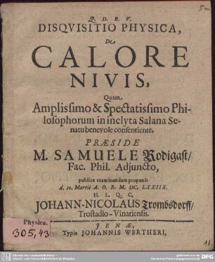 Disquisitio Physica, De Calore Nivis