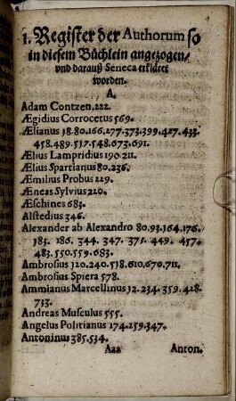 1. Register der Authorum so in diesem Büchlein angezogen/ und darauß Seneca erkläret worden.