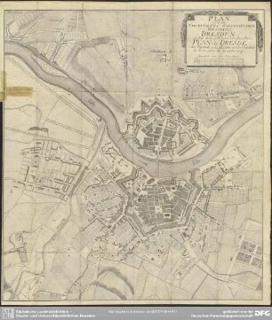 Plan von der Churfürstl. Sächsischen Residenz Dresden nebst den übrigen Vorstaedten. Plan de Dresde Ville Capitale & la Résidence de l' Electeur de Saxe, avec les fauxbourgs