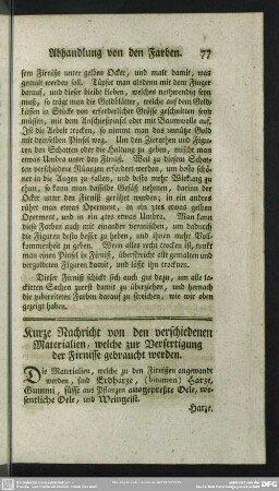 Kurze Nachricht von den verschiedenen Materialien, welche zur Verfertigung der Firnisse gebraucht werden