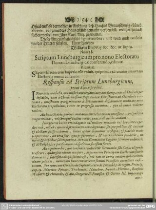 Num 18. Scriptum Luneburgicum pro nono Electoratu Domui Luneburgicae conferendo, editum Viennae