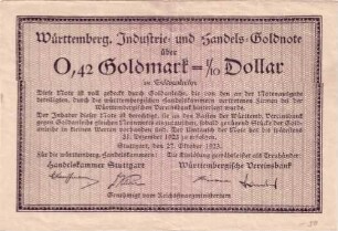 Goldwechselschein der Württembergischen Industrie- und Handelskammer