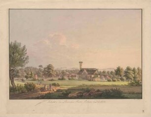 Landhaus und Garten des russischen Fürsten Nikolaus Abramowitsch Putjatin (1749-1830) in Kleinzschachwitz bei Dresden (Baujahr 1798, heute Putjatinstraße 26), Ansicht von Nordwesten über den Lockwitzbach