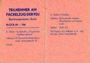 Teilnehmerkarte für den Fackelzug der FDJ anlässlich des 25. Jahrestages der DDR