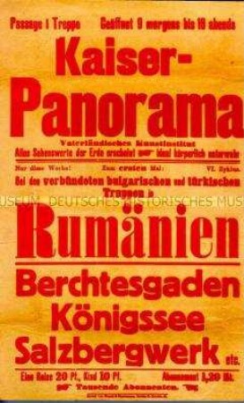 Maueranschlag mit Werbung für Vorführungen im Kaiserpanorama über Rumänien und die Alpen