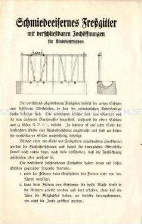 Schmiedeeisernes Fressgitter mit verschließbaren Jochöffnungen für Rindviehkrippen.