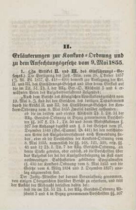 II. Erläuterungen zur Konkurs-Ordnung und zu dem Anfechtungsgesetze vom 9. Mai 1855.