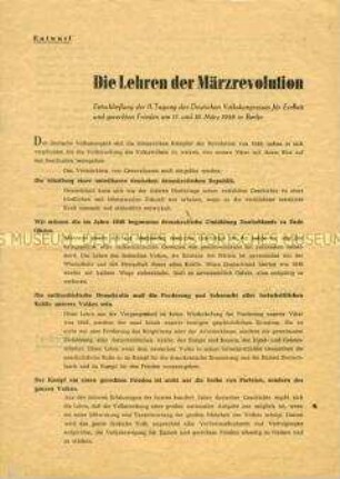 Flugblatt mit dem Entschließungsentwurf der 2. Tagung des Deutschen Volkskongresses über die Lehren der Revolution von 1848