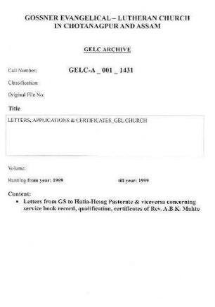 LETTERS, APPLICATIONS & CERTIFICATES, GEL CHURCH