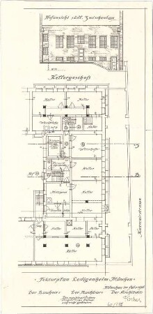 Fischer, Theodor; München - Westend, Bergmannstr.; Ledigenheim - Grundriss Keller; Zwischenbau Süd Hofseite (Ansicht)