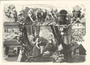 Tracht aus dem Spreewald : Kleidung - niedersorbische Tracht. Ort: Błóta / Spreewald. Alltagstracht, Kopfschmuck und Gebäude.