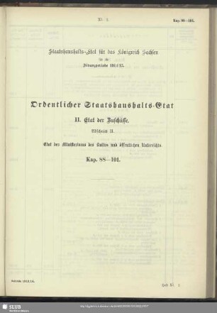 II. Etat der Zuschüsse. Abschnitt H. Etat des Ministeriums des Kultus und öffentlichen Unterrichts. Kap. 88-101