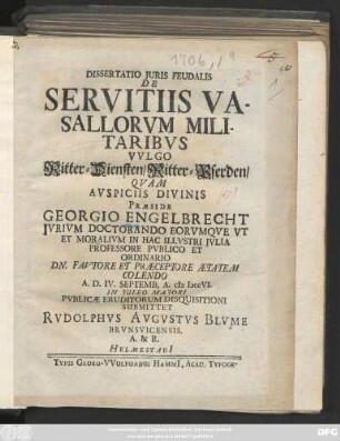 Dissertatio Juris Feudalis De Servitiis Vasallorum Militaribus Vulgo Ritter-Diensten, Ritter-Pferden