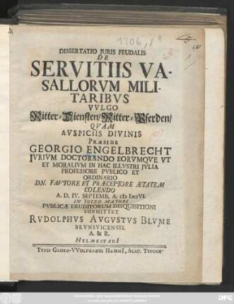 Dissertatio Juris Feudalis De Servitiis Vasallorum Militaribus Vulgo Ritter-Diensten, Ritter-Pferden