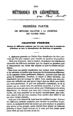 Première Partie. Des Méthodes Relatives à la Géométrie des Figures Finies.