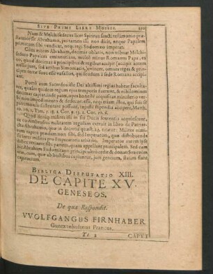 Biblica Disputatio XIII. De Capite XV. Geneseos. De qua Respondit Wolfgangus Firnhaber