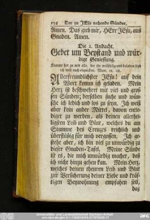 Die 2. Andacht. Gebet um Beystand und würdige Geniessung.