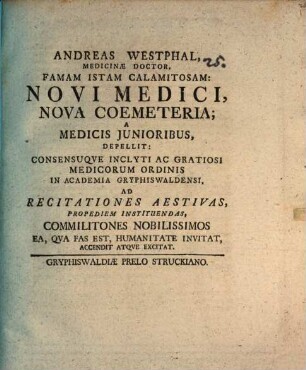 Andreas Westphal ... Famam istam calamitosam: Novi medici, nova coemeteria; a medicis junioribus depellit ...