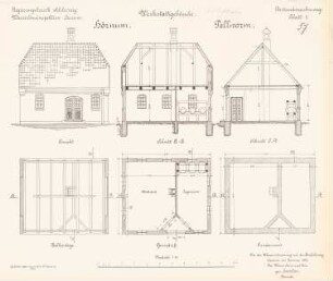 Leuchtfeueranlage, Pellworm: Werkstattgebäude Hörnum und Pellworm: Ansicht, Grundrisse, Schnitte 1:50