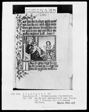 Deutsches Gebetbuch (Waldburg-Gebetbuch) — Thronende Madonna mit kniendem Stifter, Folio 109recto