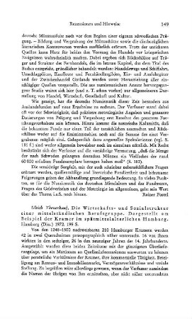 Theuerkauf, Ulrich :: Die Wirtschafts- und Sozialstruktur einer mittelständischen Berufsgruppe, dargestellt am Beispiel der Kramer im spätmittelalterlichen Hamburg, Dissertation : Hamburg, 1972