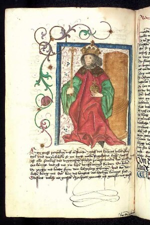 Thronender ungarischer Herrscher: König Ladislaus; von Rankenwerk umgeben.