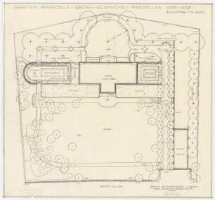 Garten am Landhaus Massolle, Berlin-Kladow: Plan des Gartens (überarbeitete Version) im Grundriss mit Gebäudeumrissen 1:200